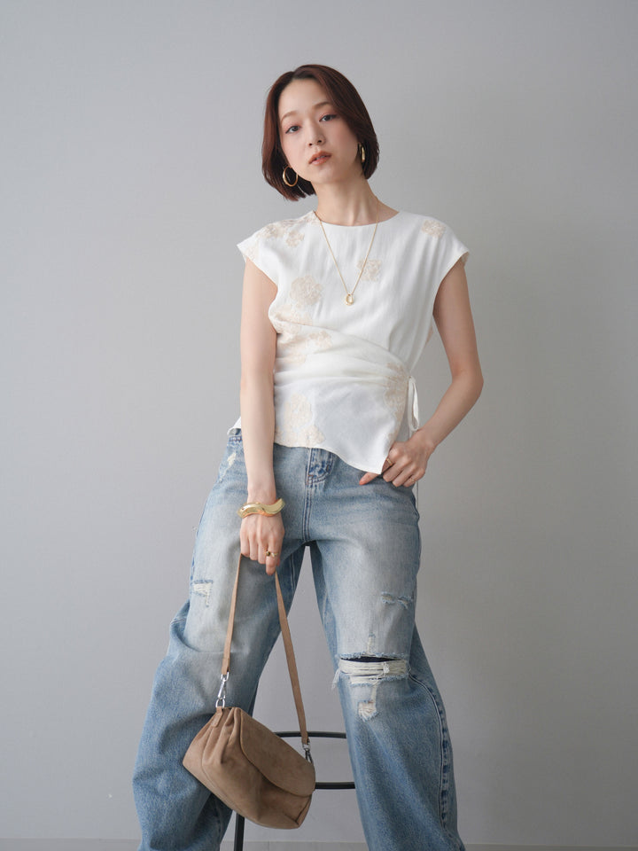 [SET]リネンタッチフラワージャガードトップス+ダメージデニムセミワイドパンツ(2set)