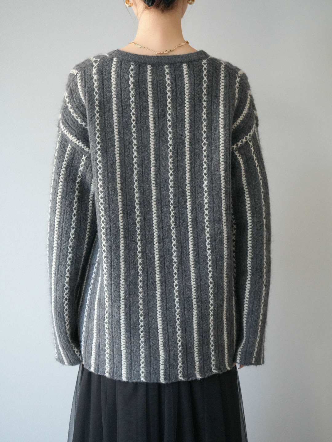 [予約]ストライプVネックニットカーディガン/グレー