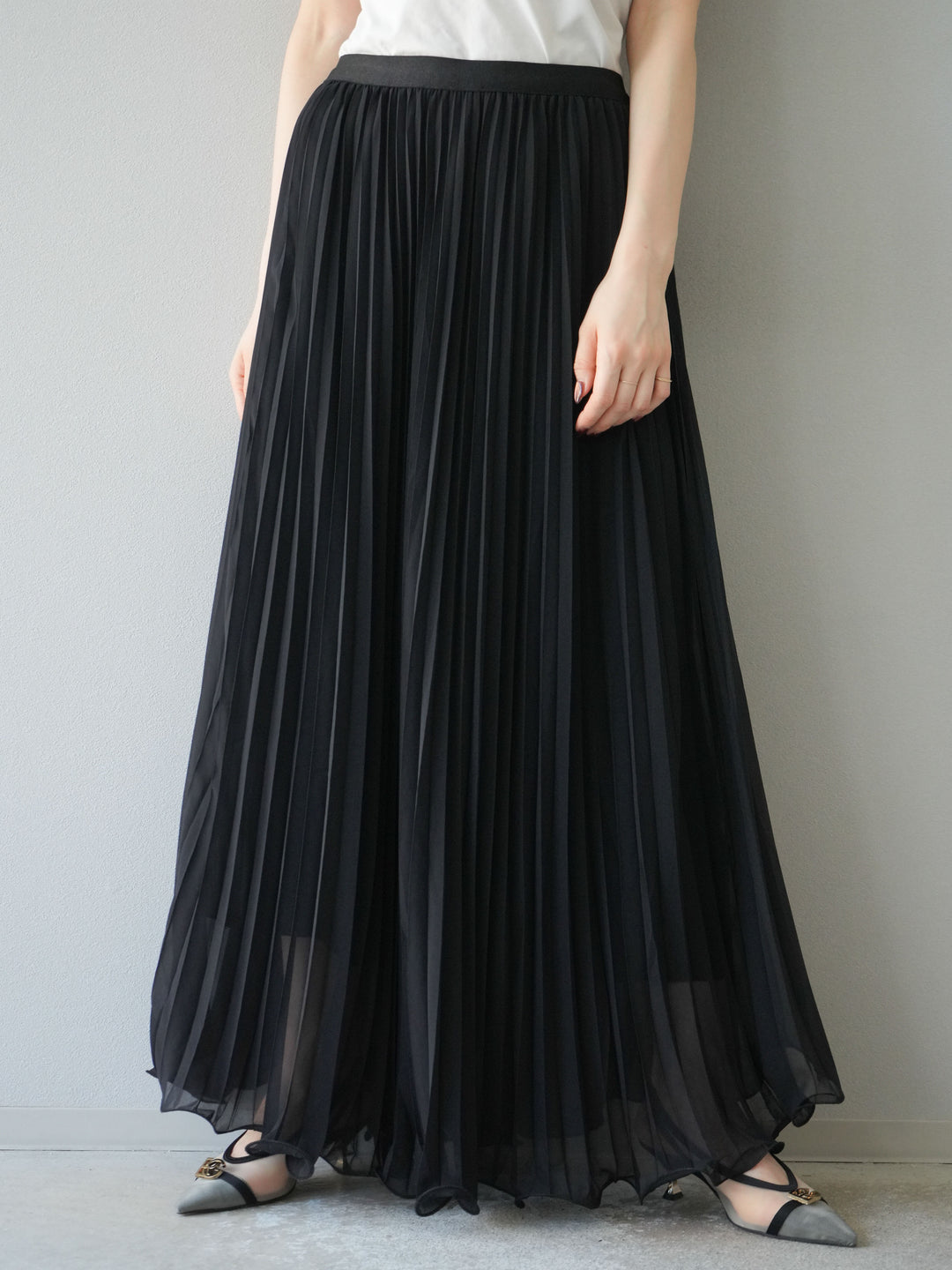 [予約]シフォンプリーツパイピングスカート/ブラック
