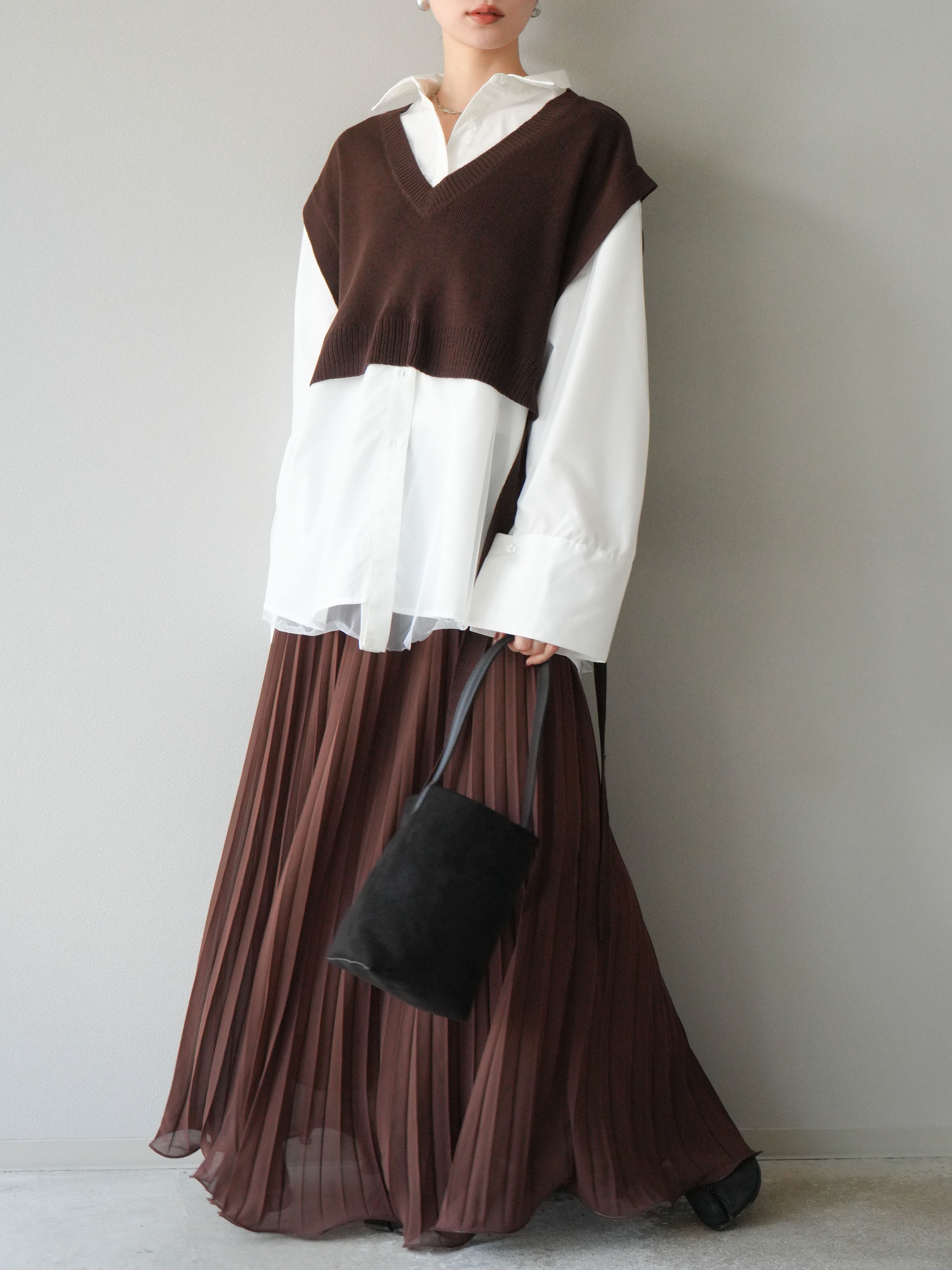 予約]シフォンプリーツパイピングスカート/ブラウン – Lumier