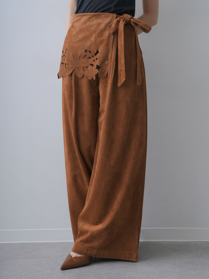 [予約]スウェードタッチカットワークワイドパンツ/camel