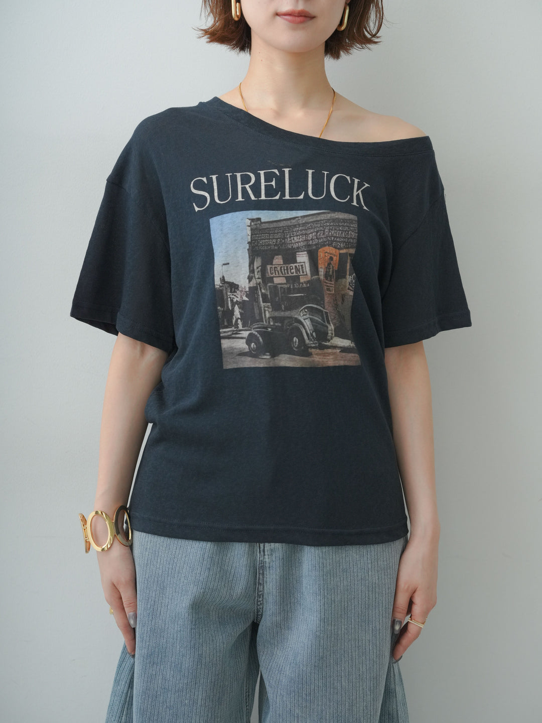 [予約]ワイドネックプリントTEE/navy