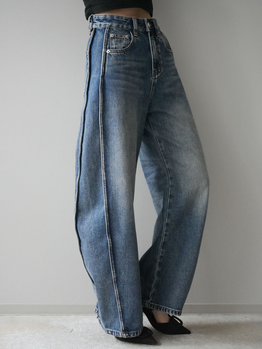 [予約]サイド切替カーブデニムパンツ/blue