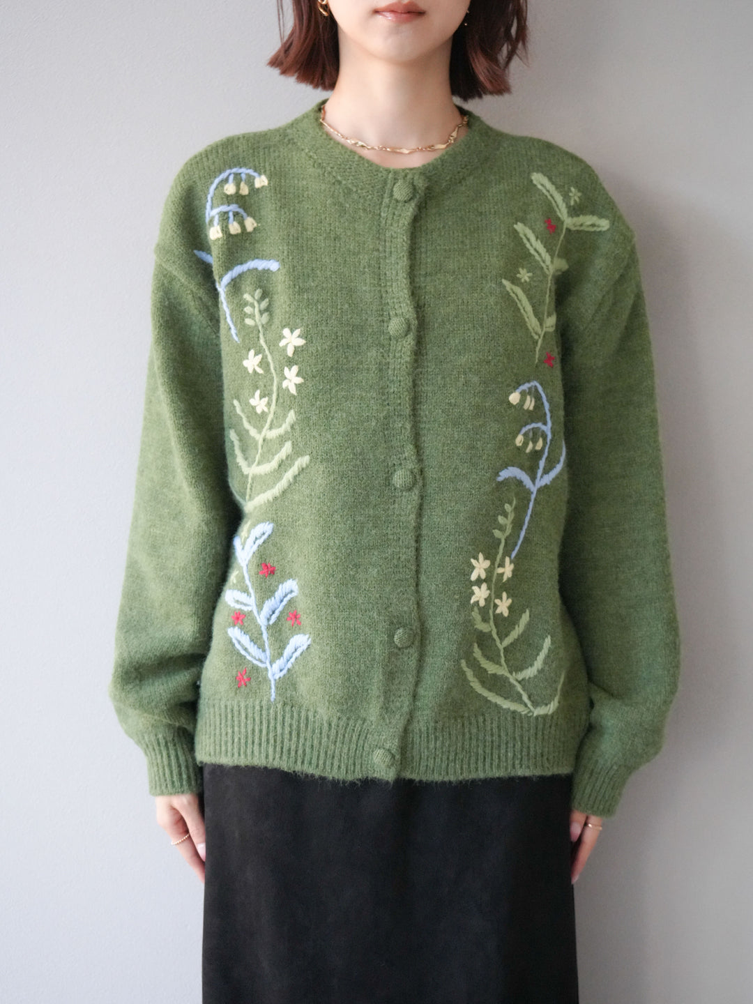 [予約]フラワー刺繍ニットカーディガン/グリーン