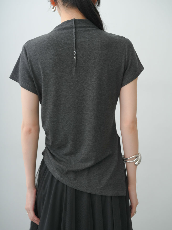 [予約]ヘムアシメバックボタンデザインフレンチトップ/charcoal