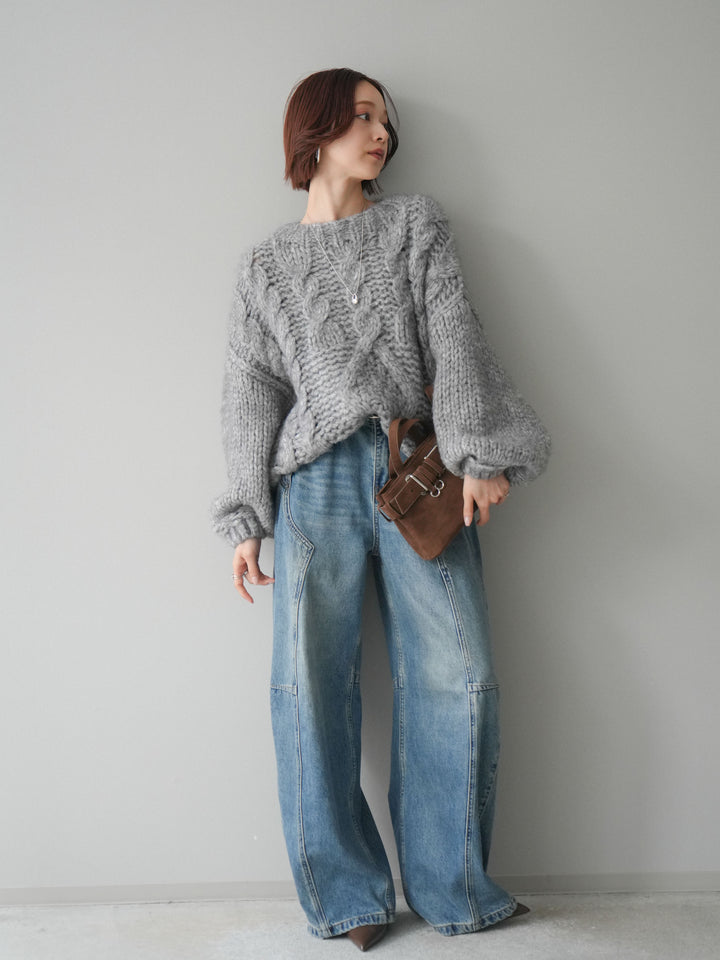 [予約]ベルト付3Dカーブデニムパンツ/blue