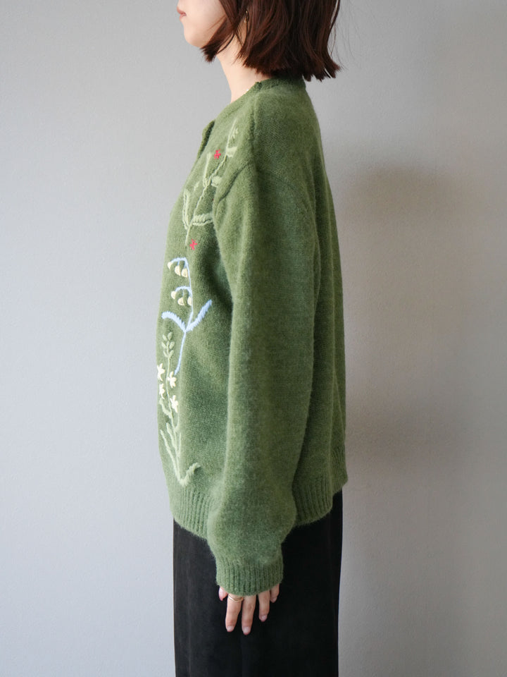 [予約]フラワー刺繍ニットカーディガン/グリーン