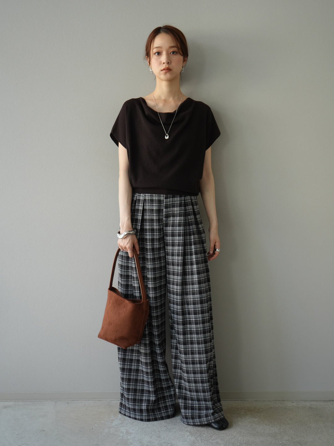 [予約]ウールタッチチェックワイドパンツ/ブラック