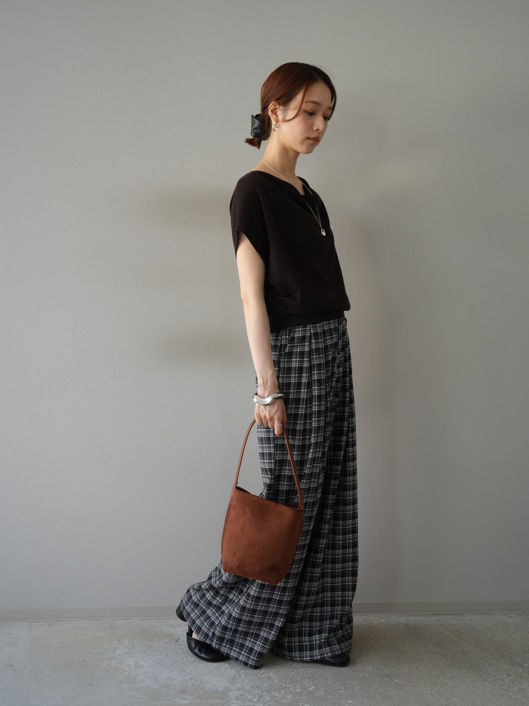 [予約]ウールタッチチェックワイドパンツ/ブラック