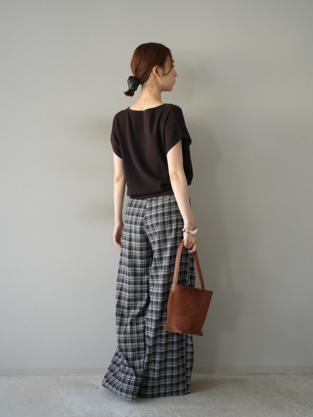 [予約]ウールタッチチェックワイドパンツ/ブラック