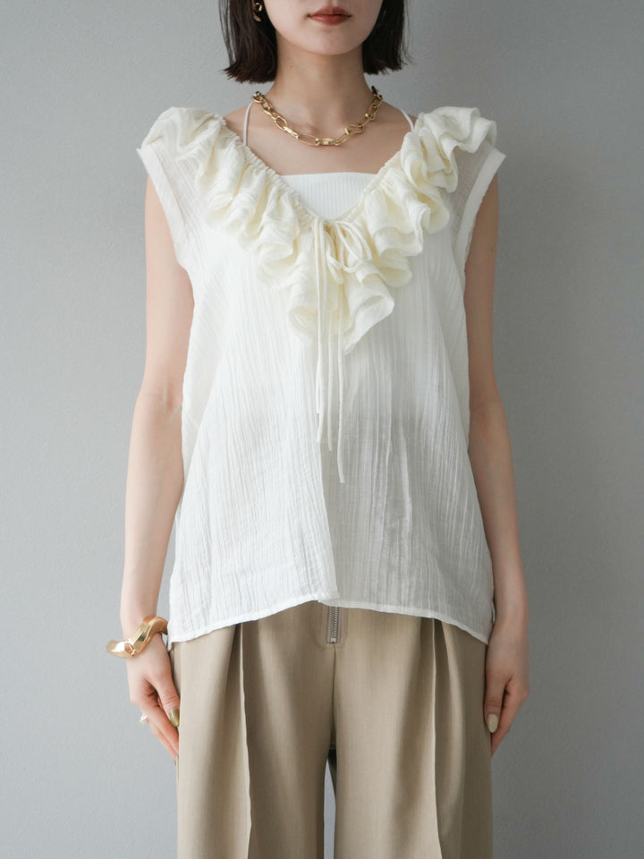 [予約]ワッシャーラッフルノースリーブブラウス/アイボリー