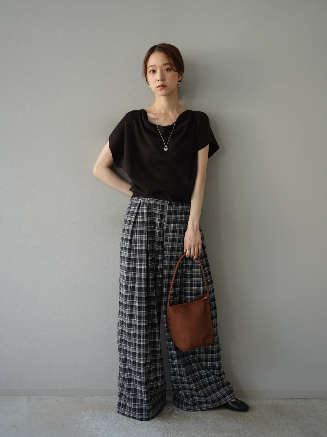 [予約]ウールタッチチェックワイドパンツ/ブラック