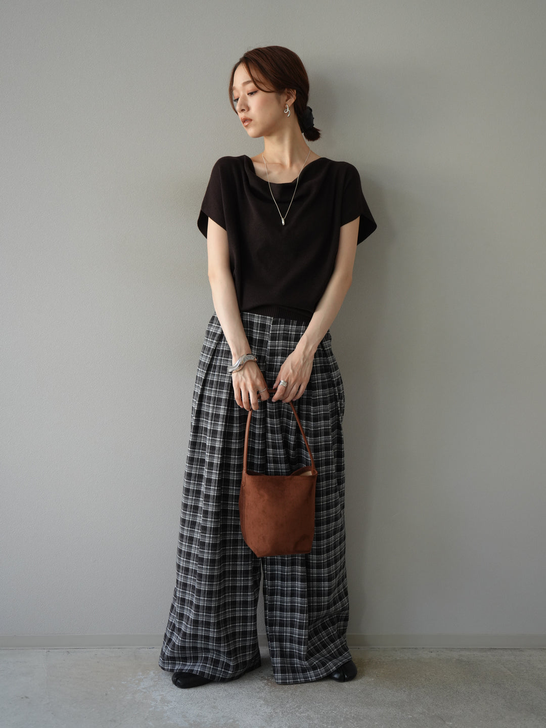 [予約]ウールタッチチェックワイドパンツ/ブラック