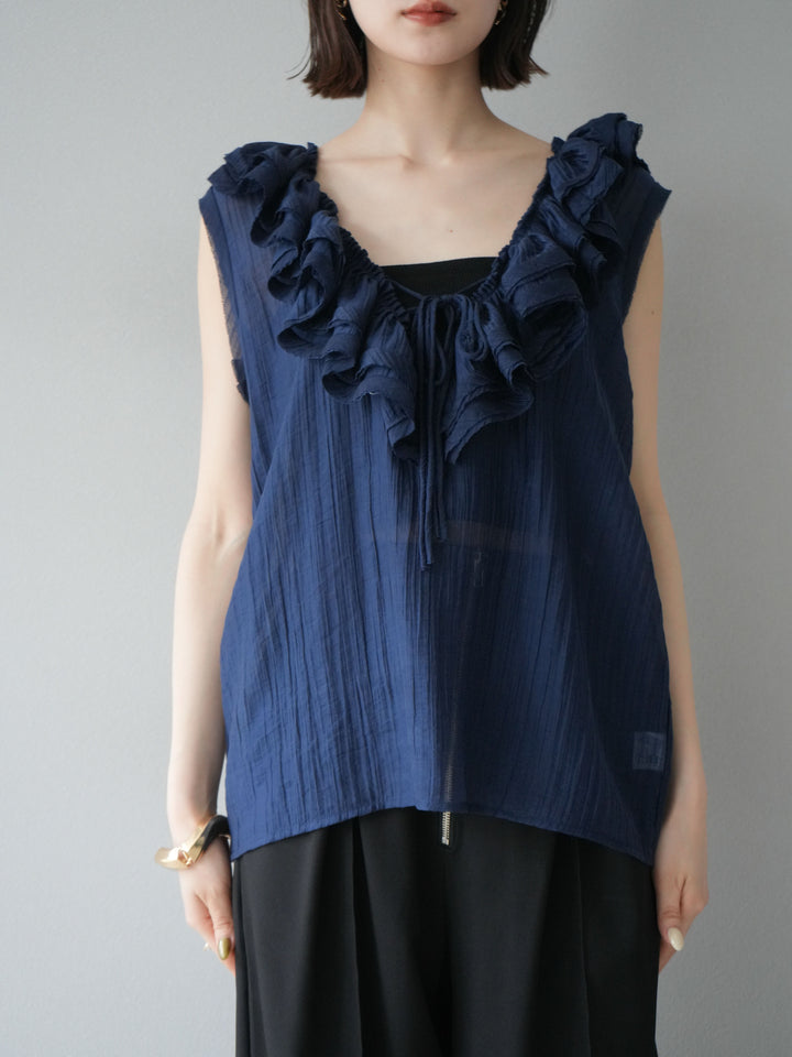 [予約]ワッシャーラッフルノースリーブブラウス/ネイビー