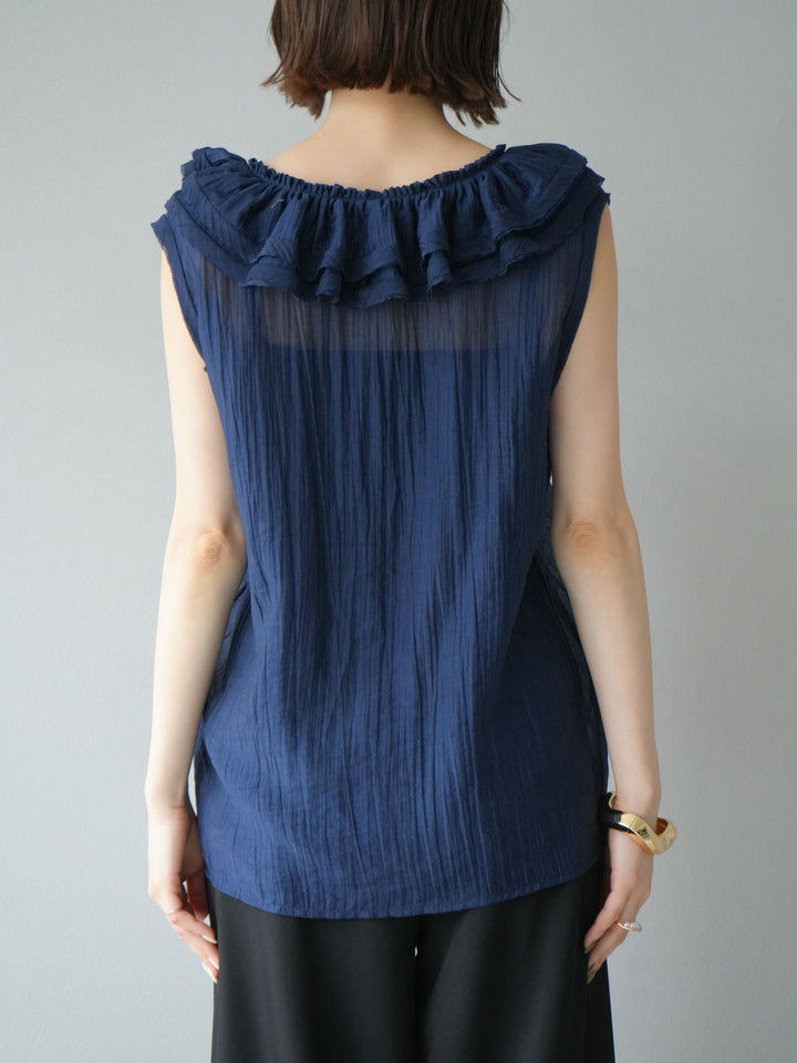 [予約]ワッシャーラッフルノースリーブブラウス/ネイビー