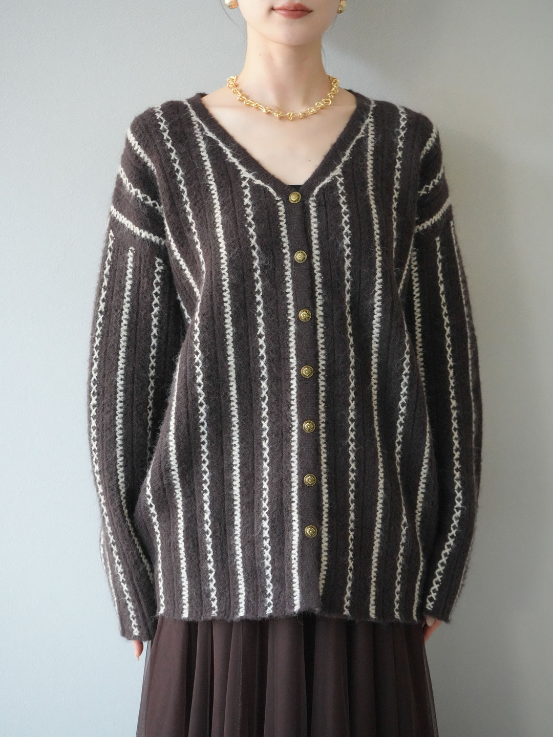 [予約]ストライプVネックニットカーディガン/ブラウン
