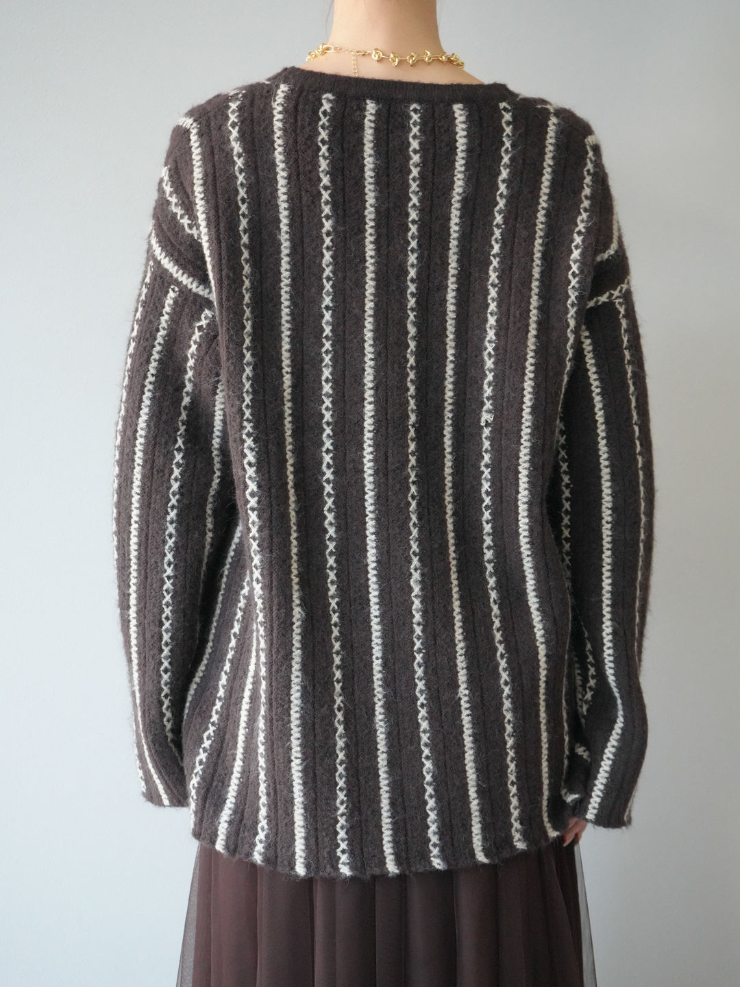 [予約]ストライプVネックニットカーディガン/ブラウン