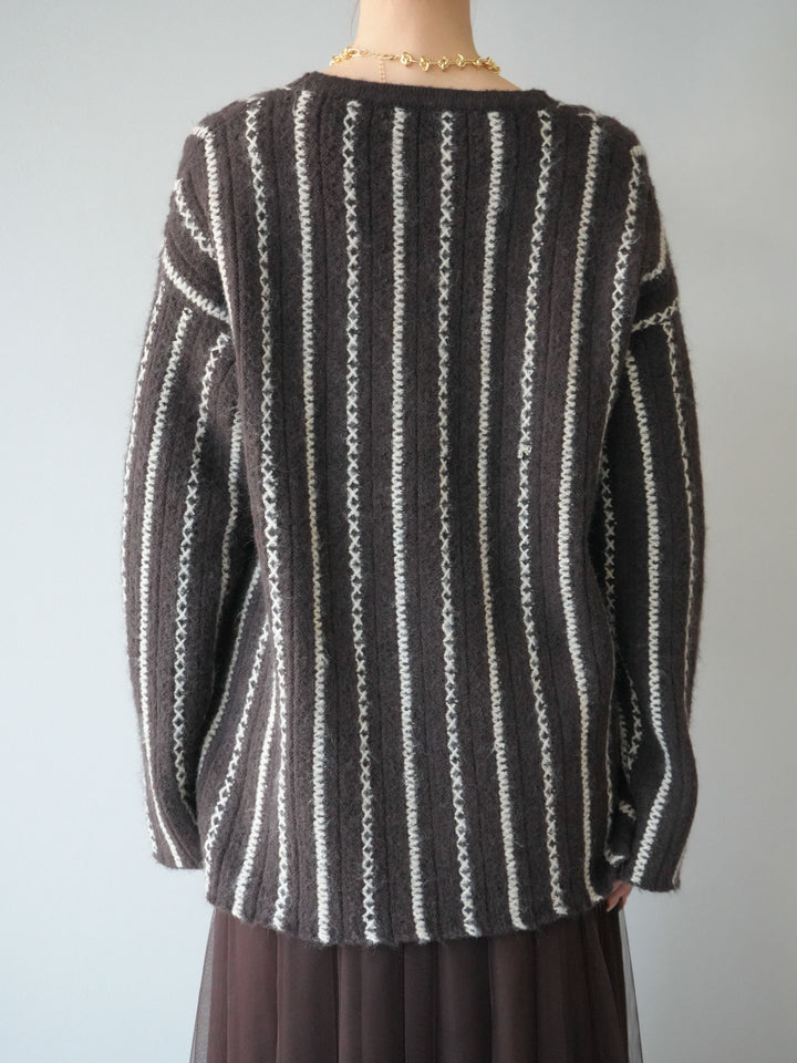 [予約]ストライプVネックニットカーディガン/ブラウン