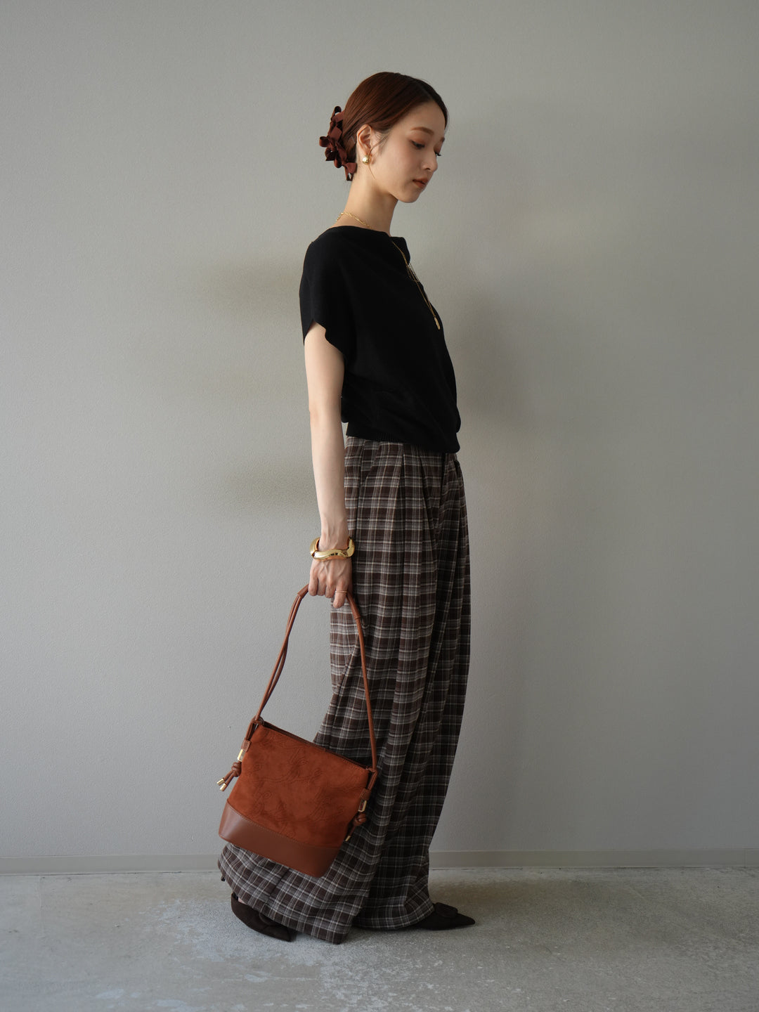 [予約]ウールタッチチェックワイドパンツ/ブラウン