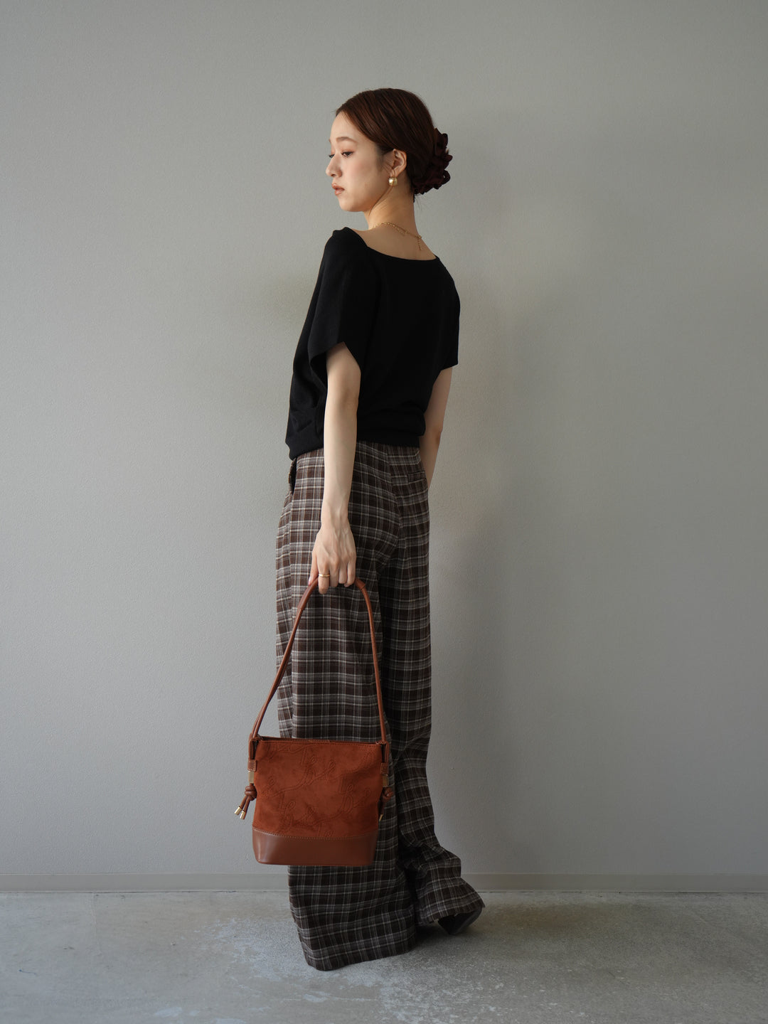 [予約]ウールタッチチェックワイドパンツ/ブラウン