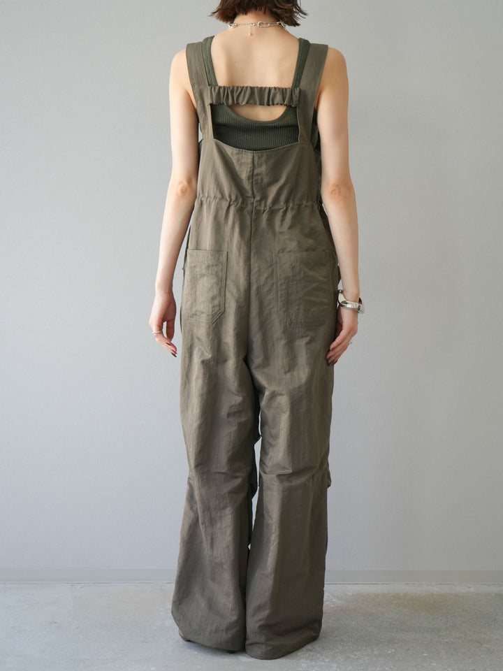 [予約]ナイロンタックデザインサロペット/カーキ