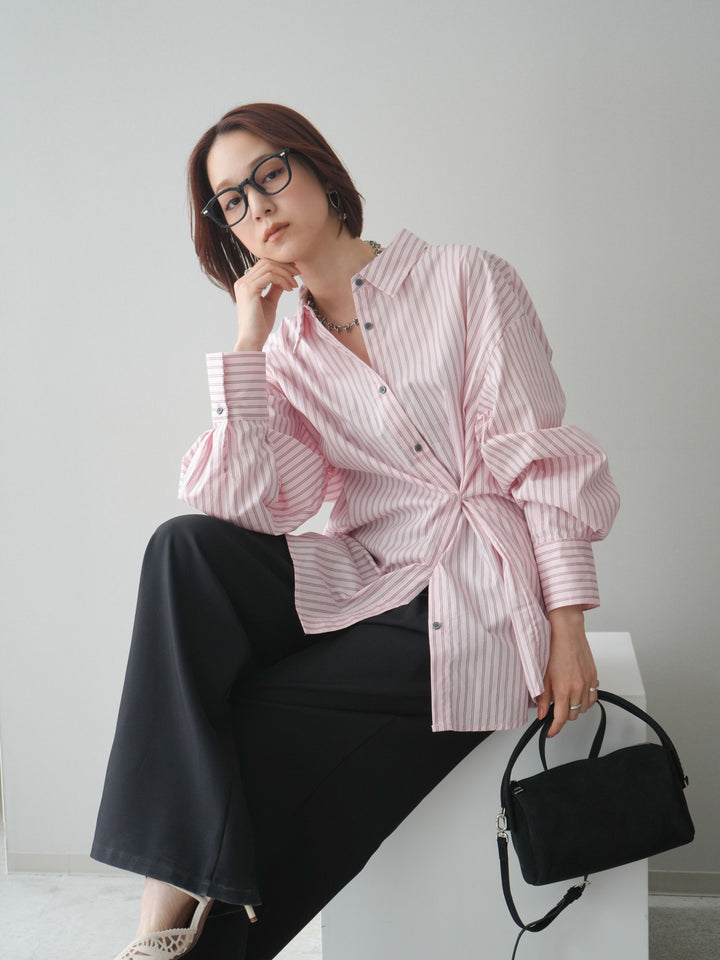 [SET]2wayルーズストライプシャツ+ベルト付キーホルダーモチーフワイドパンツ(2set)