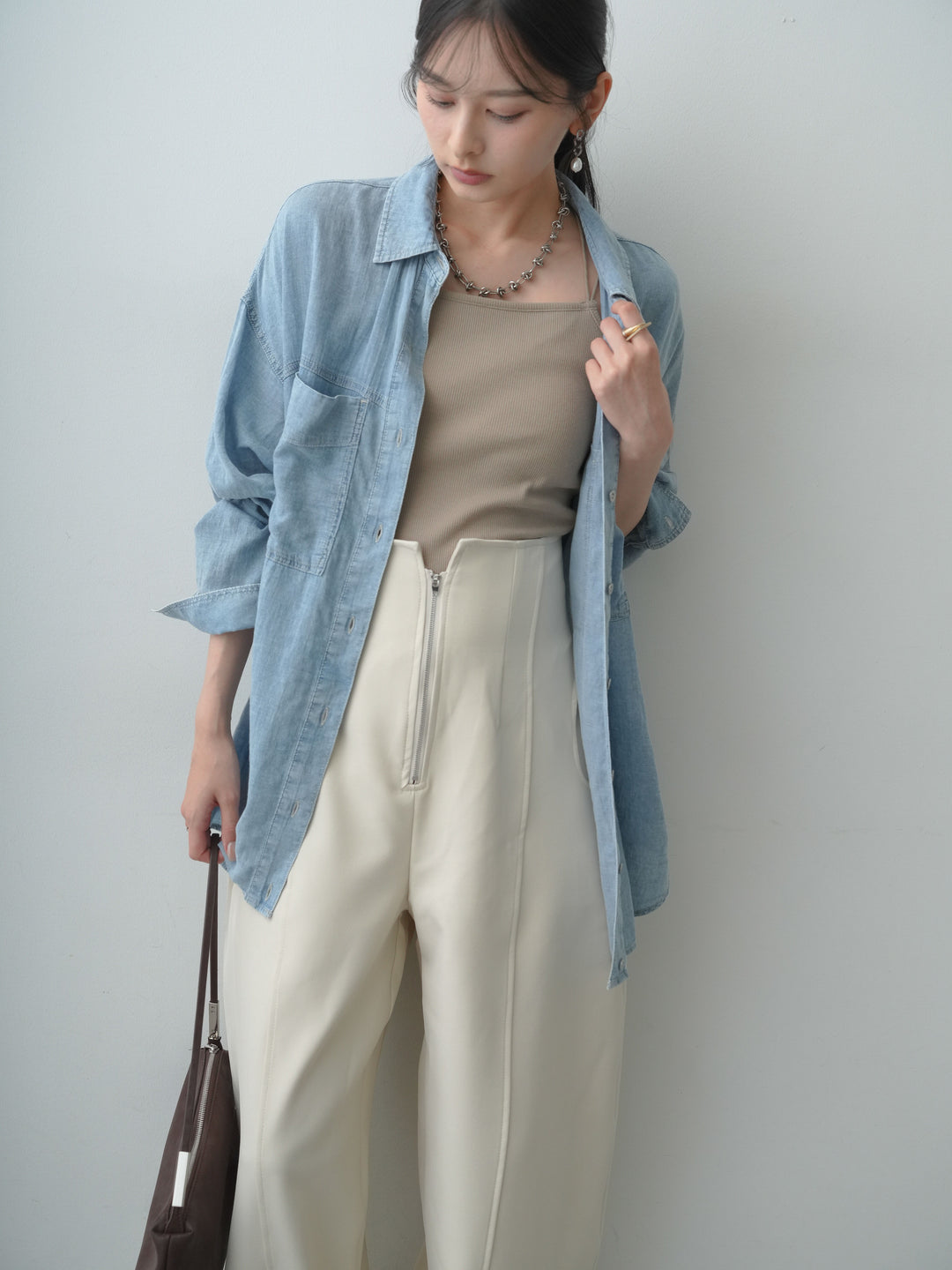[SET]シアーデニム裾2wayシャツ+カップ付きバッククロスキャミソール+ハイウエストカーブレッグパンツ(3set)