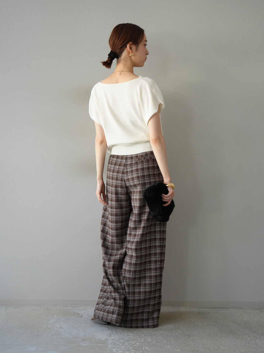 [予約]ウールタッチチェックワイドパンツ/ブラウン