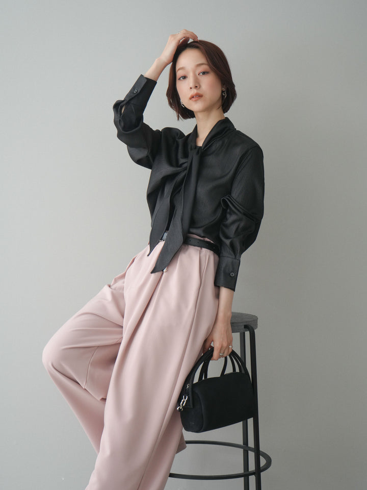 [SET]楊柳シャイニータイブラウス+ベルト付キーホルダーモチーフワイドパンツ(2set)