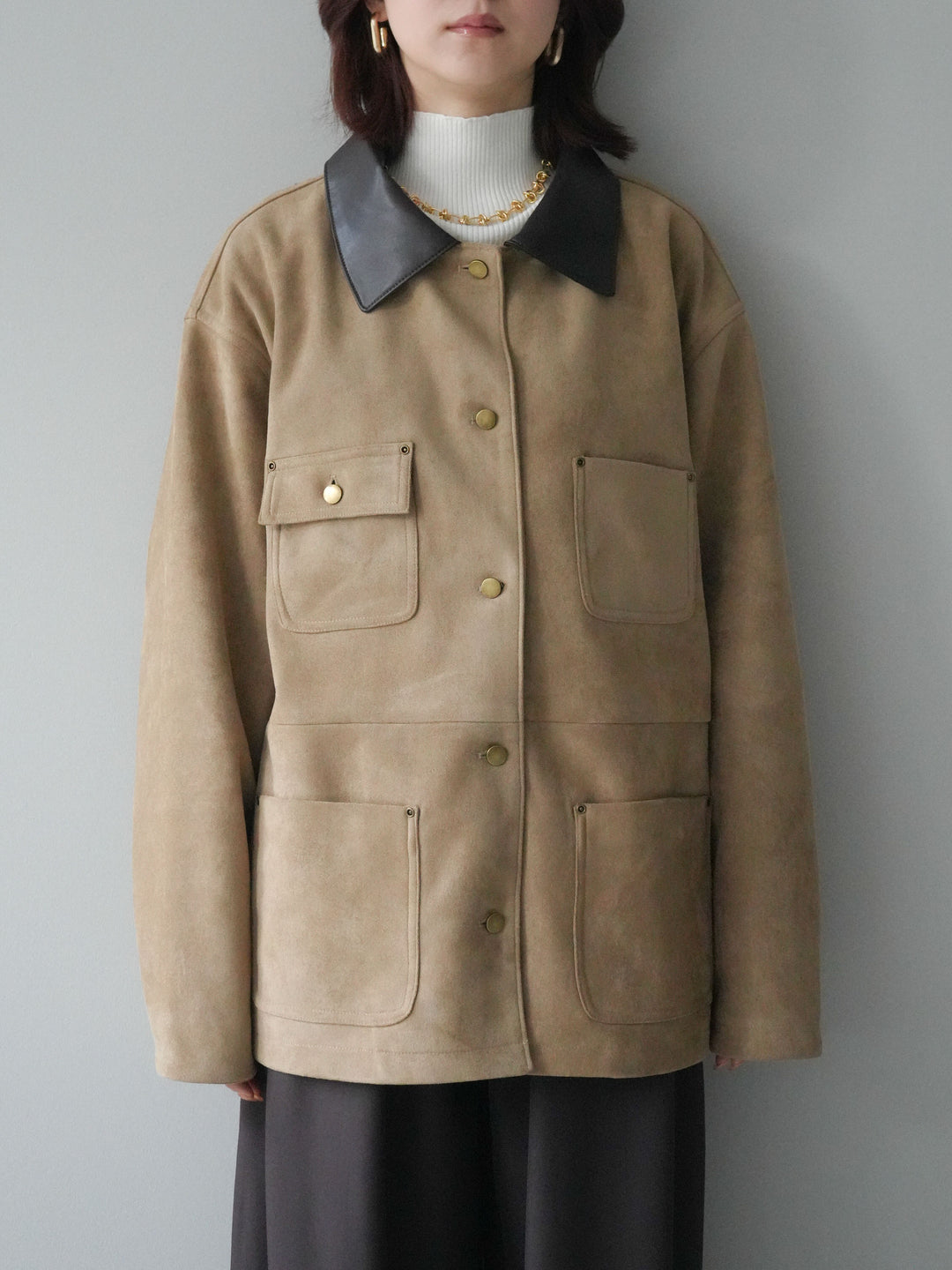 [予約]襟レザーステンカラースエードジャケット/beige