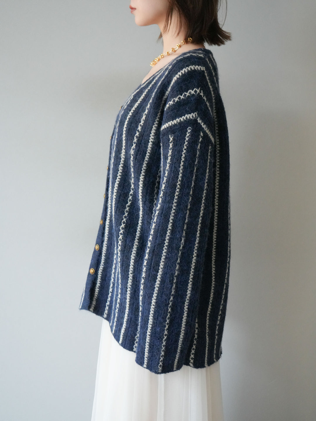 [予約]ストライプVネックニットカーディガン/ブルー