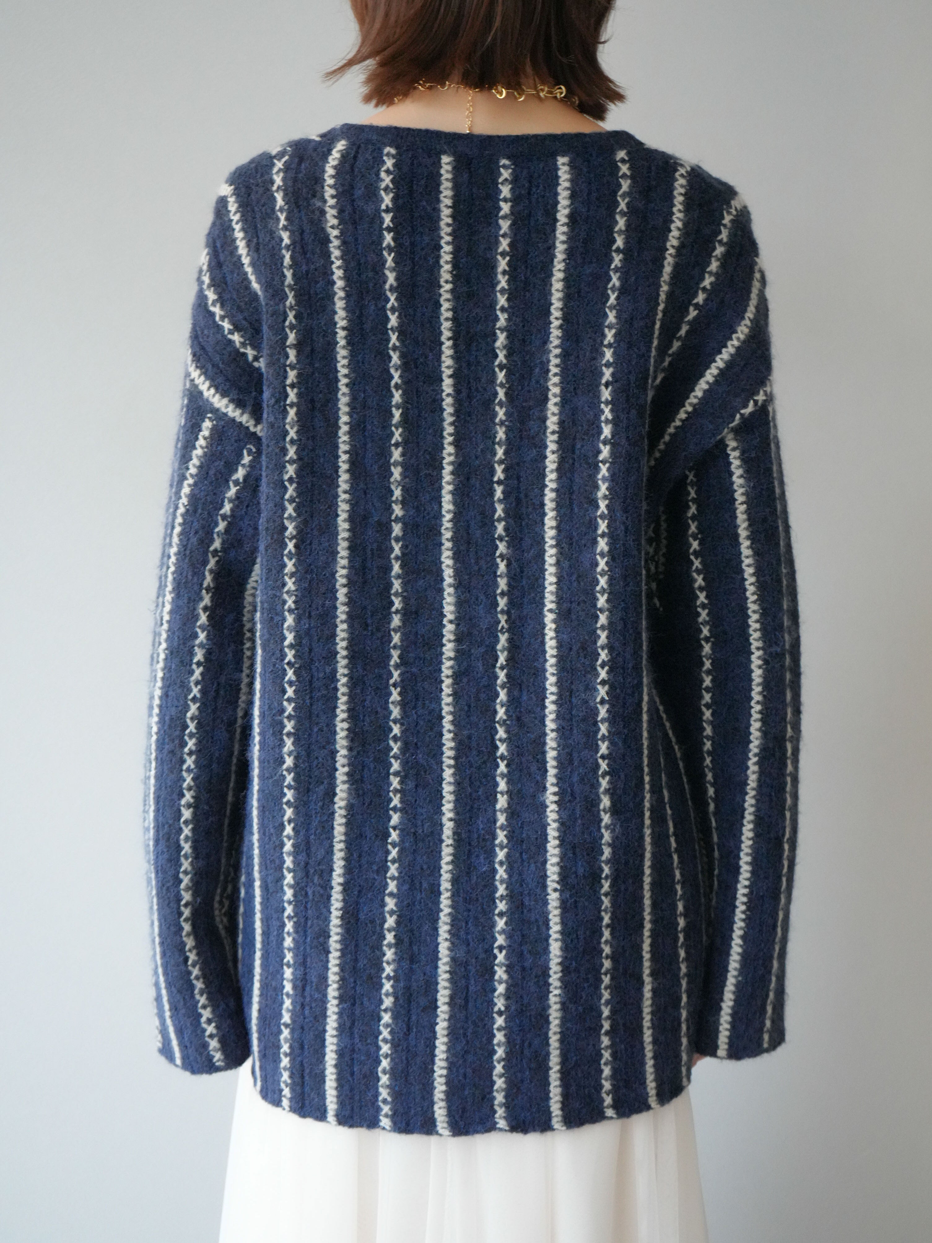 予約]ストライプVネックニットカーディガン/ブルー – Lumier