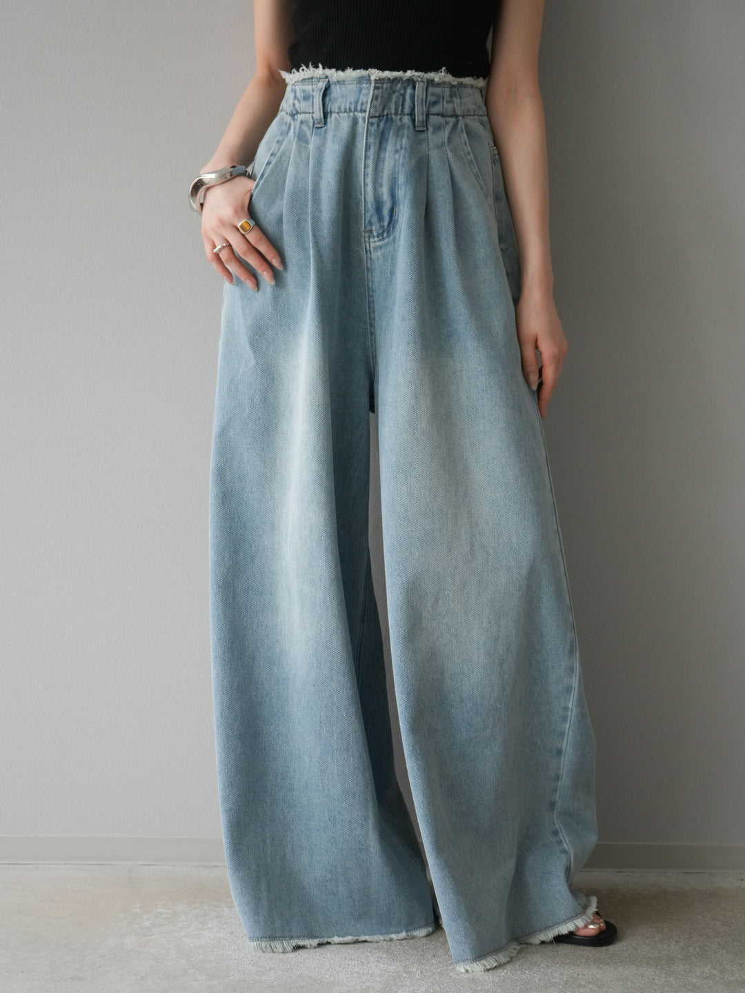 【預購】流蘇高腰寬牛仔褲/淺藍