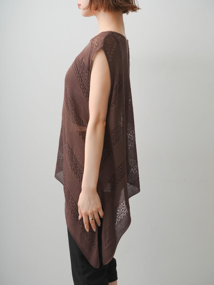 [予約]透かし編みアシメノースリトップス/brown