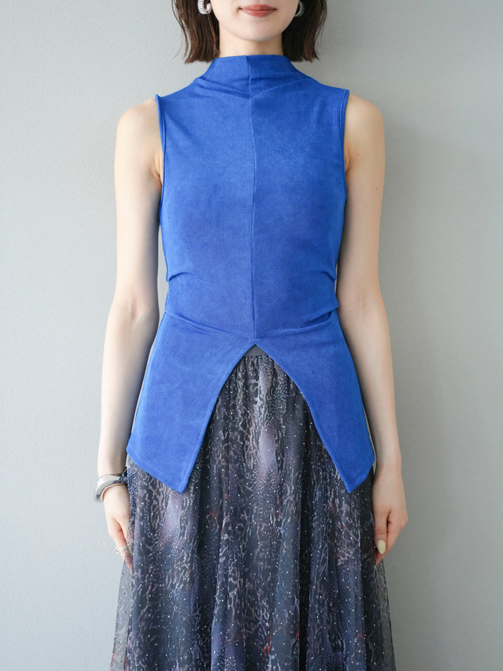 [予約]フロントスリットレーヨンニットトップス/ブルー