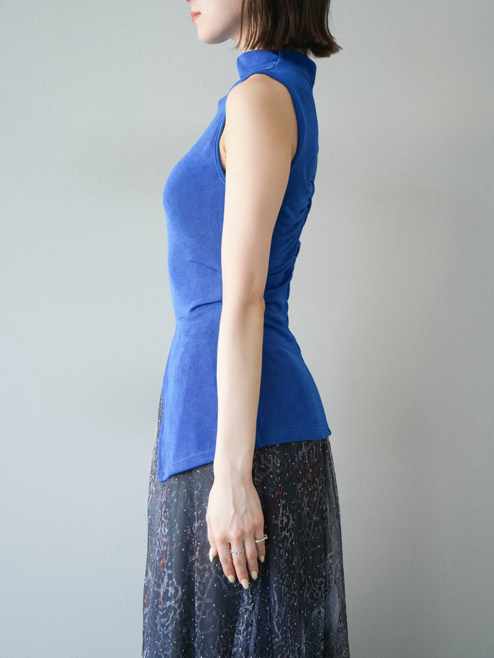 [予約]フロントスリットレーヨンニットトップス/ブルー