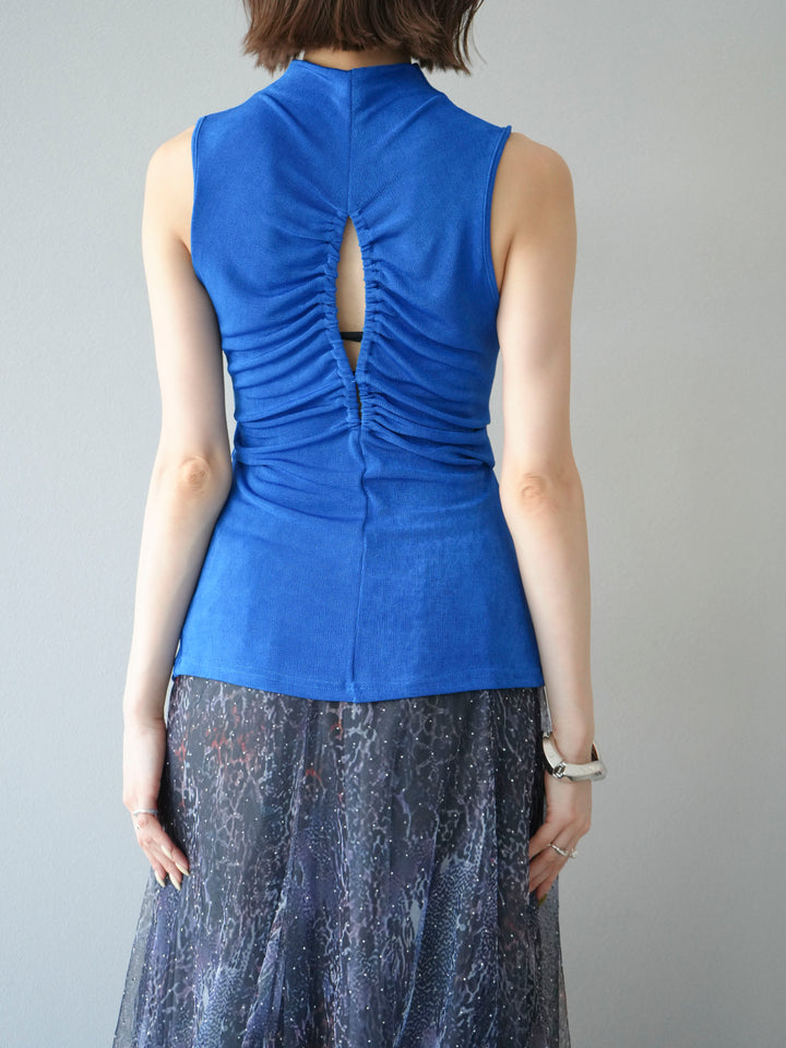 [予約]フロントスリットレーヨンニットトップス/ブルー