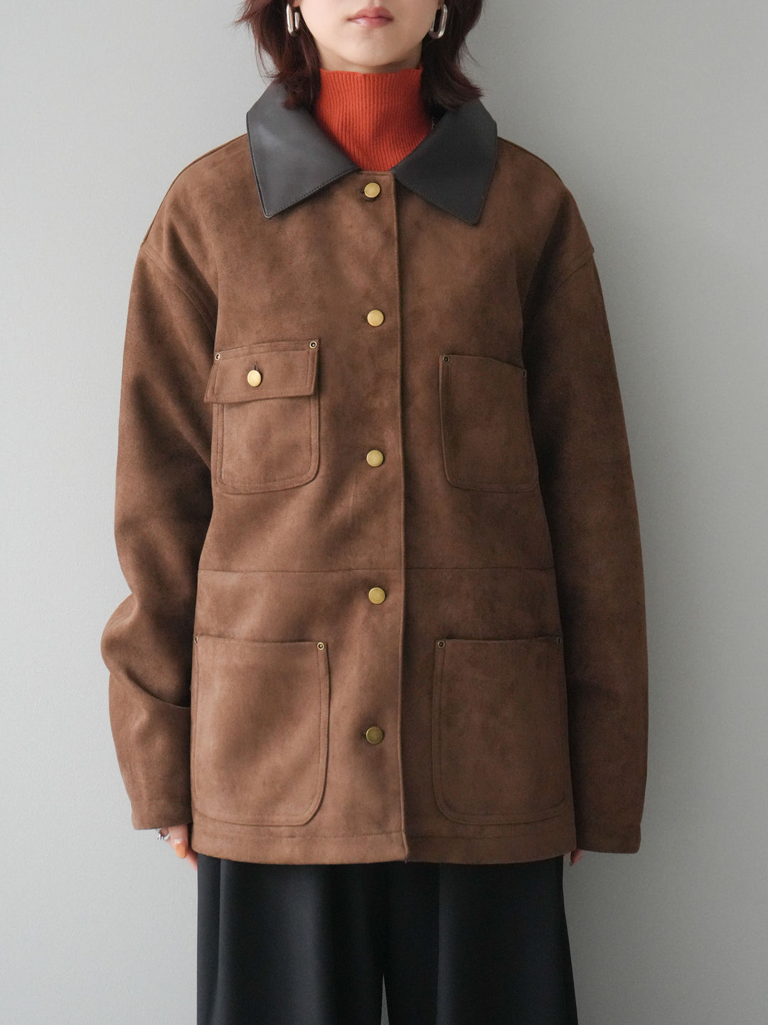 [予約]襟レザーステンカラースエードジャケット/camel