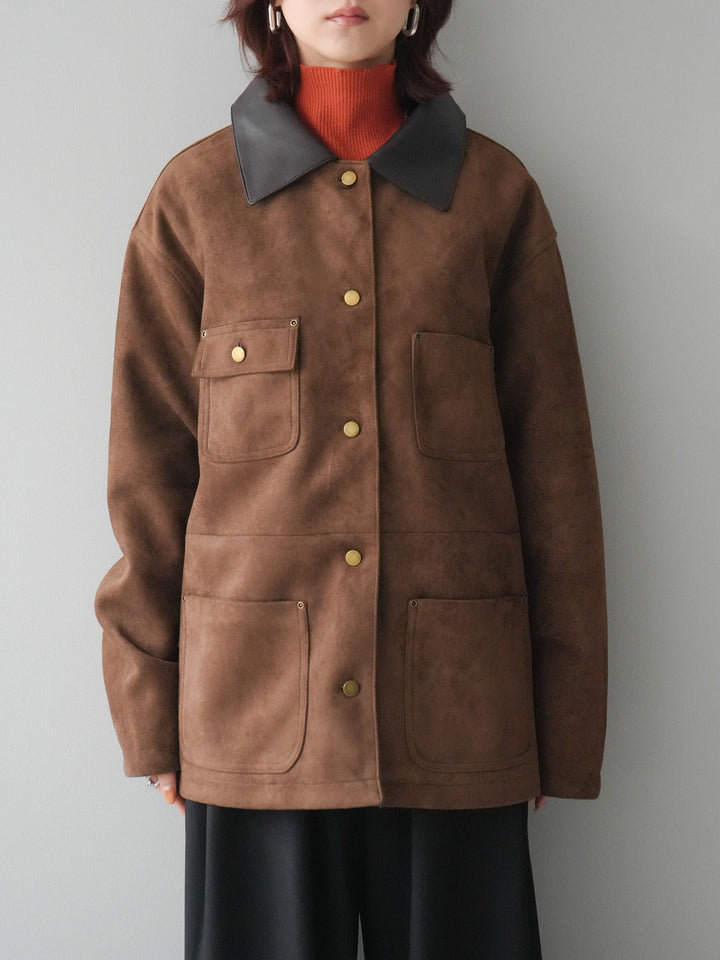 [予約]襟レザーステンカラースエードジャケット/camel