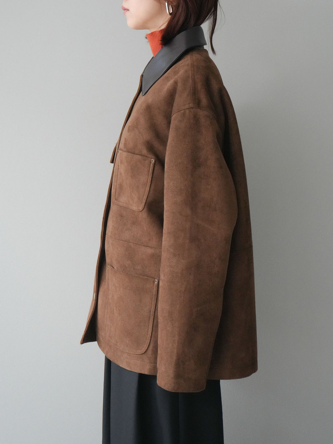 [予約]襟レザーステンカラースエードジャケット/camel