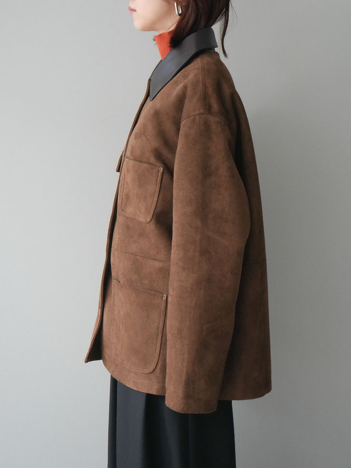 [予約]襟レザーステンカラースエードジャケット/camel