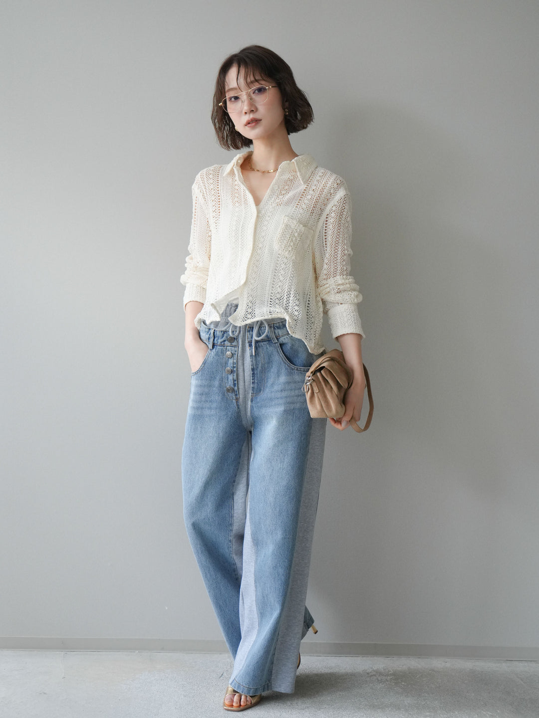 [SET]ワイヤーヘム透かし編みシャツ+デニム切替スウェットパンツ(2set)