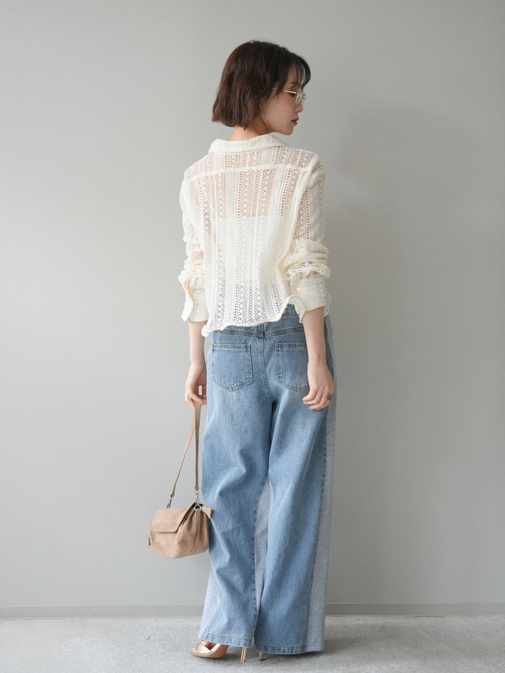 [SET]ワイヤーヘム透かし編みシャツ+デニム切替スウェットパンツ(2set)