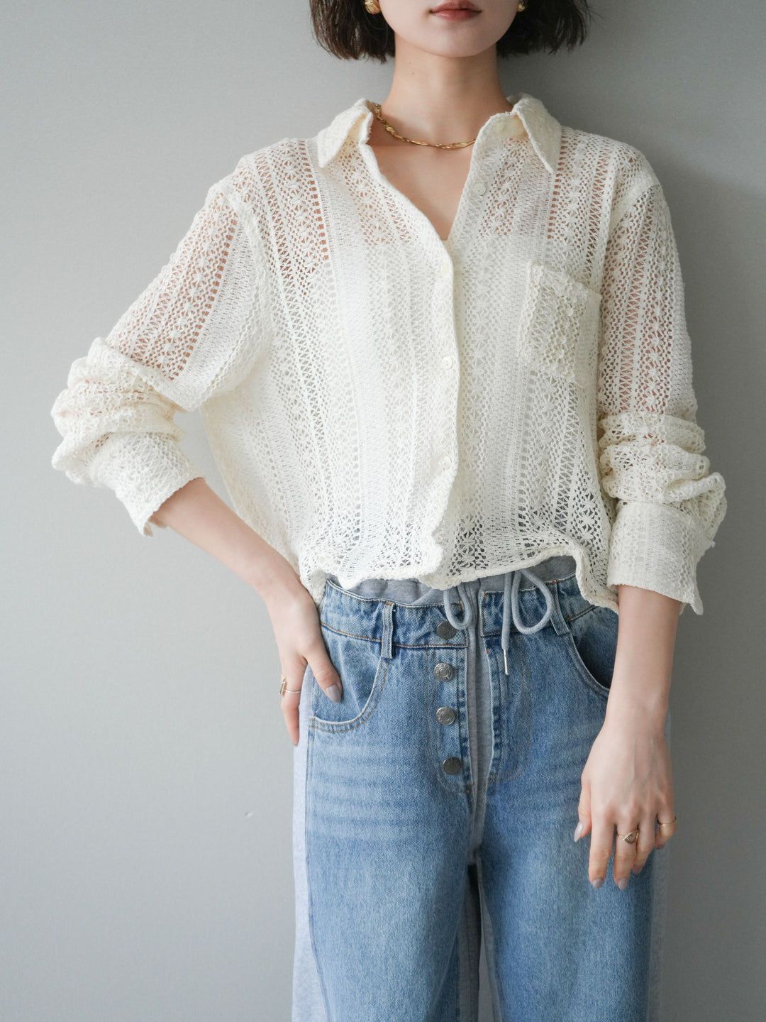 [SET]ワイヤーヘム透かし編みシャツ+デニム切替スウェットパンツ(2set)