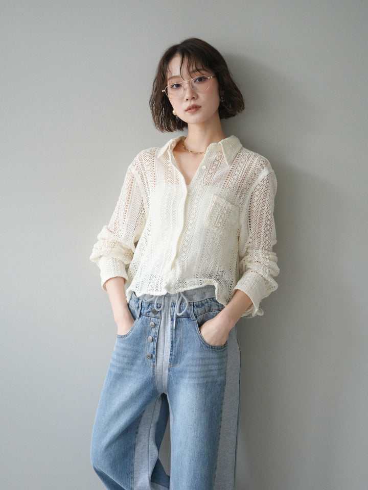 [SET]ワイヤーヘム透かし編みシャツ+デニム切替スウェットパンツ(2set)