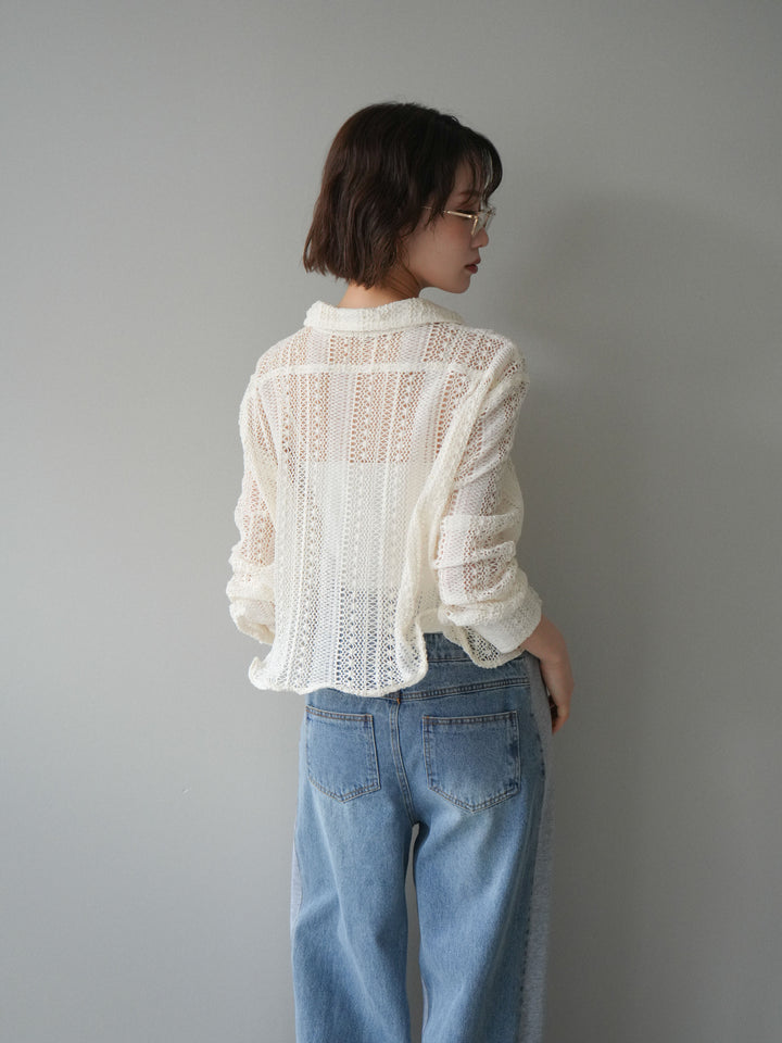 [SET]ワイヤーヘム透かし編みシャツ+デニム切替スウェットパンツ(2set)