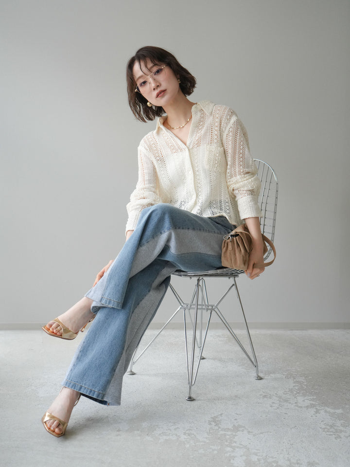 [SET]ワイヤーヘム透かし編みシャツ+デニム切替スウェットパンツ(2set)