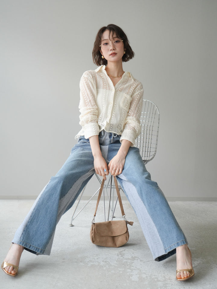 [SET]ワイヤーヘム透かし編みシャツ+デニム切替スウェットパンツ(2set)