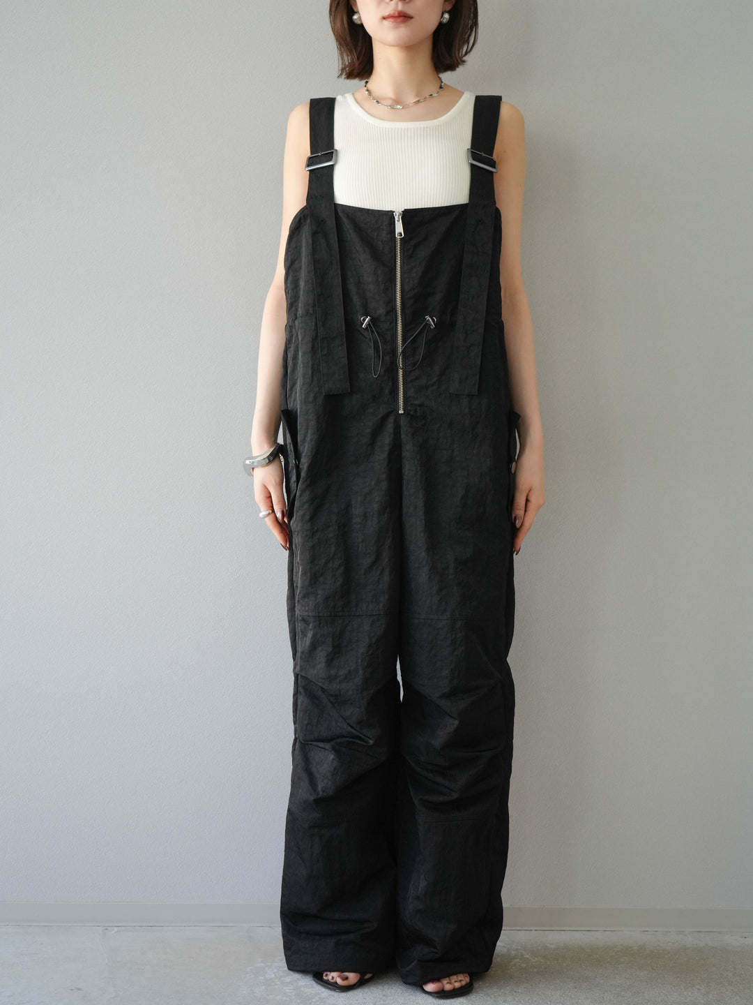 [予約]ナイロンタックデザインサロペット/ブラック