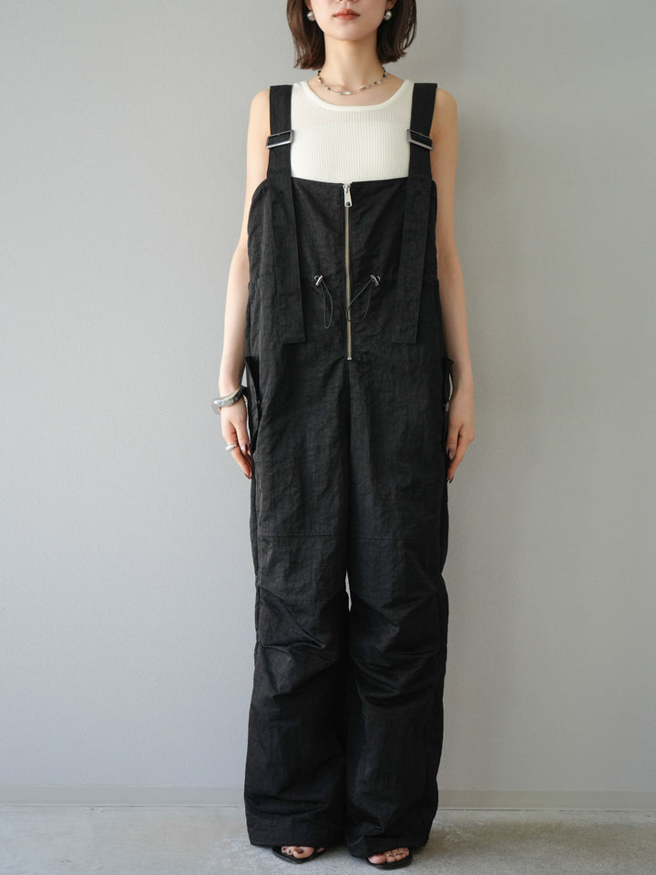 [予約]ナイロンタックデザインサロペット/ブラック